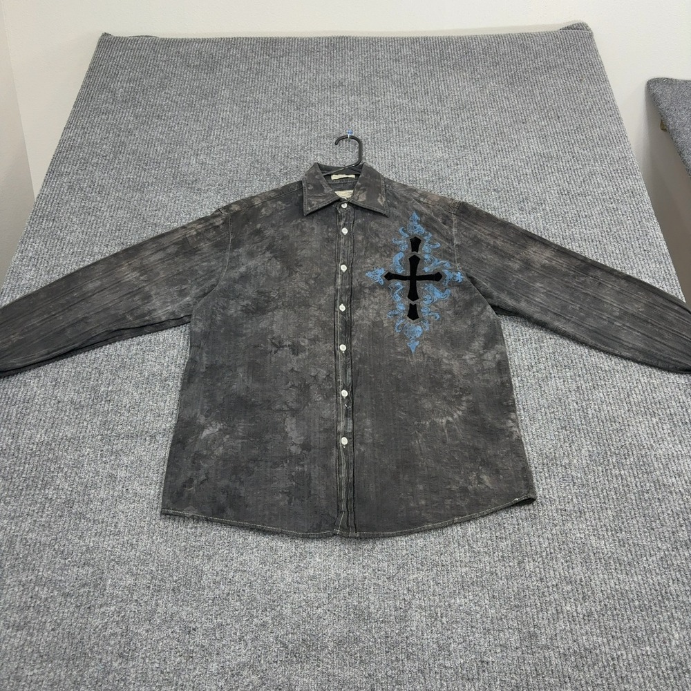Eighty Eight Button Up Shirt Mens M Gray Cotton Cross Graphic Y2K Gothic Street